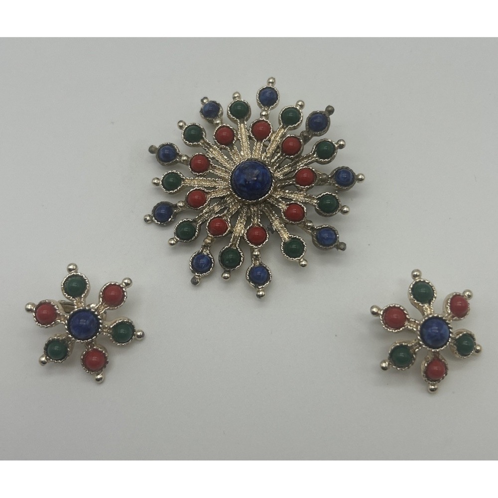 70's MCM VTG Sarah Coventry "Carnival" Multicolor Starburst Brooch Earrings Set